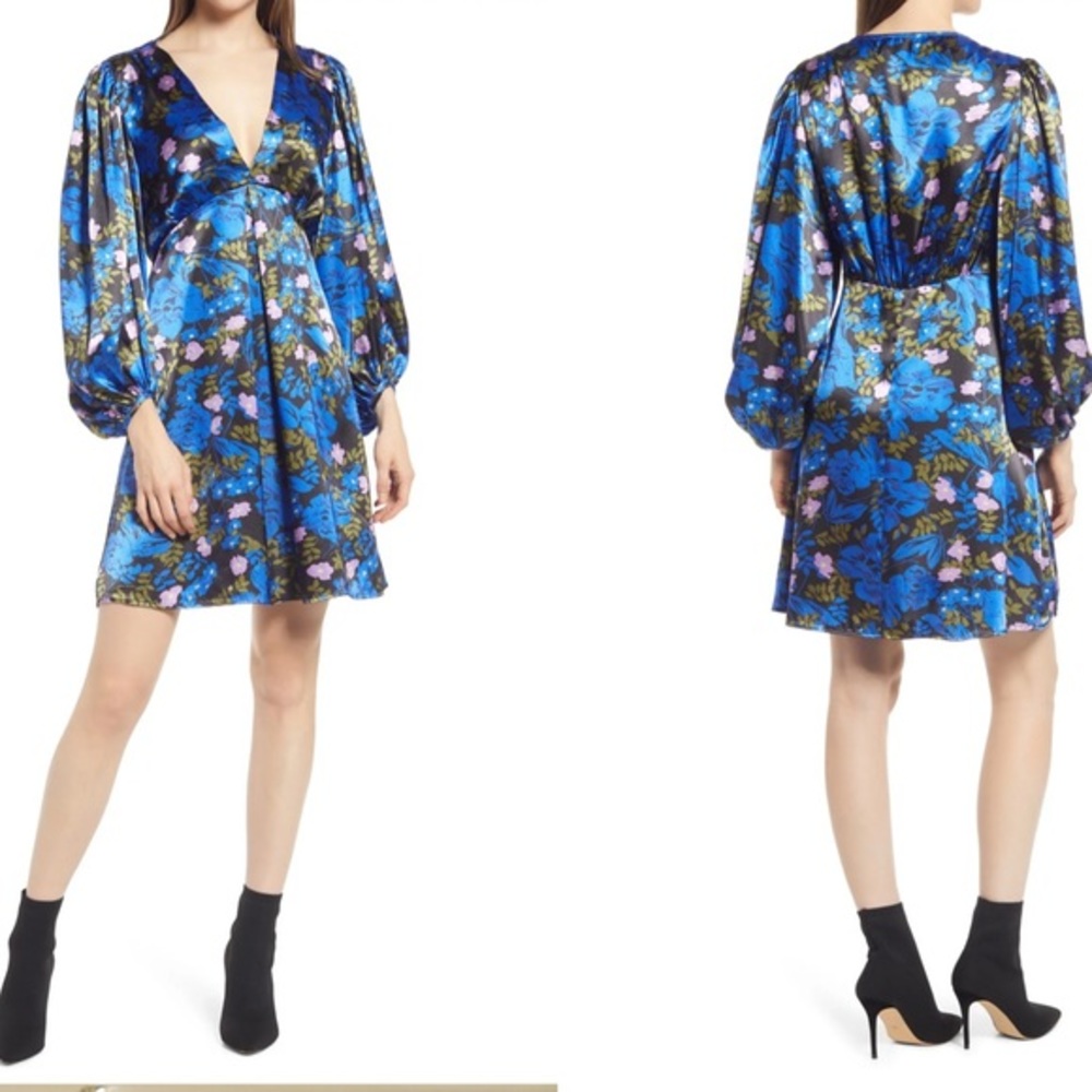 NWT Vero Moda Blue Long Sleeve Floral Satin Dress Small